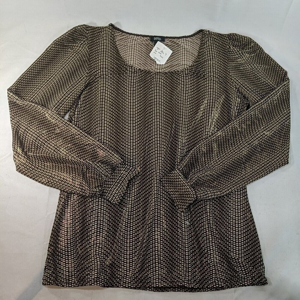 Donna Brown Gold Long Sleeve Blouse Shirt Top Women's XL Extra Large Round Neck